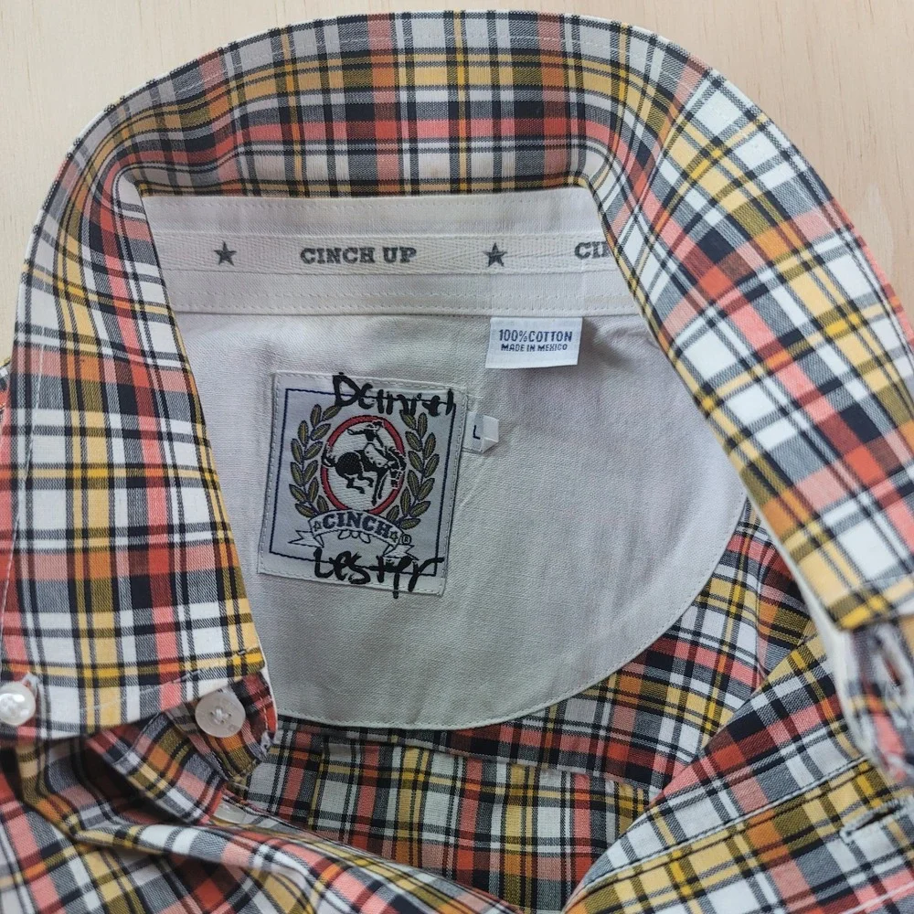 Cinch Western Shirt Mens XL Orange Yellow Plaid Long Sleeve Button Down Cotton - Picture 6 of 8